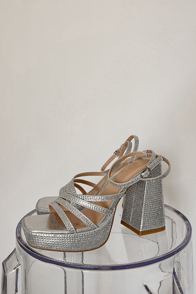 Silver rhinestone cheap block heels