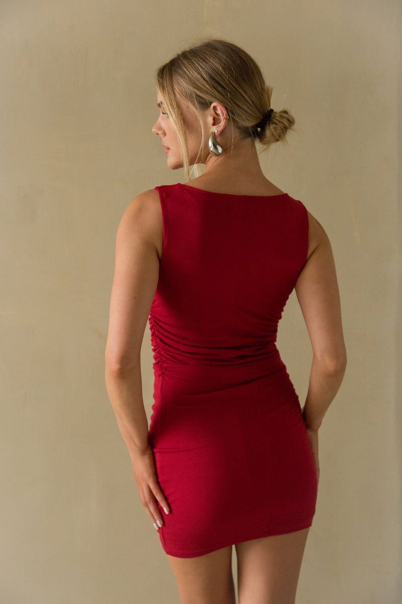 back view | red Boatneck Ruched bodycon mini dress | day event mini dress