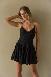 Front view | Black Ribbed tie back mini dress | Sunny season mini dress | black-image