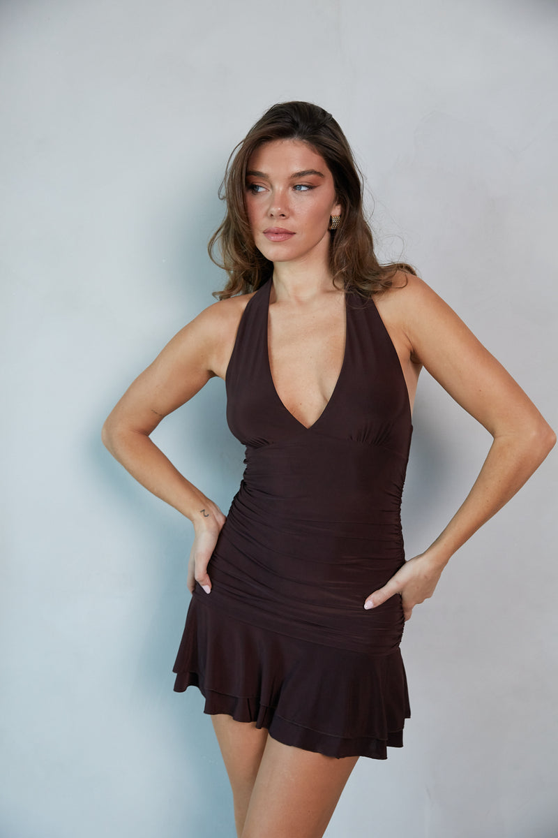 brown-image | front-image | brown espresso halter ruched bodycon ruffle skirt mini dress | going out dress | date mini dress | trendy mini dresses