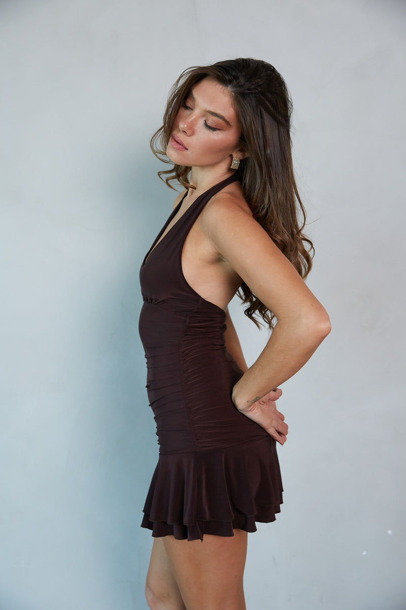 side-image | sexy brown going out dress | brown ruffle skirt mini dress | fashionable brown halter dress } casual date night mini dress