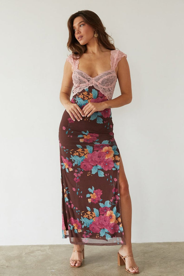 Mimi Lace Trim Floral Mesh Maxi Dress