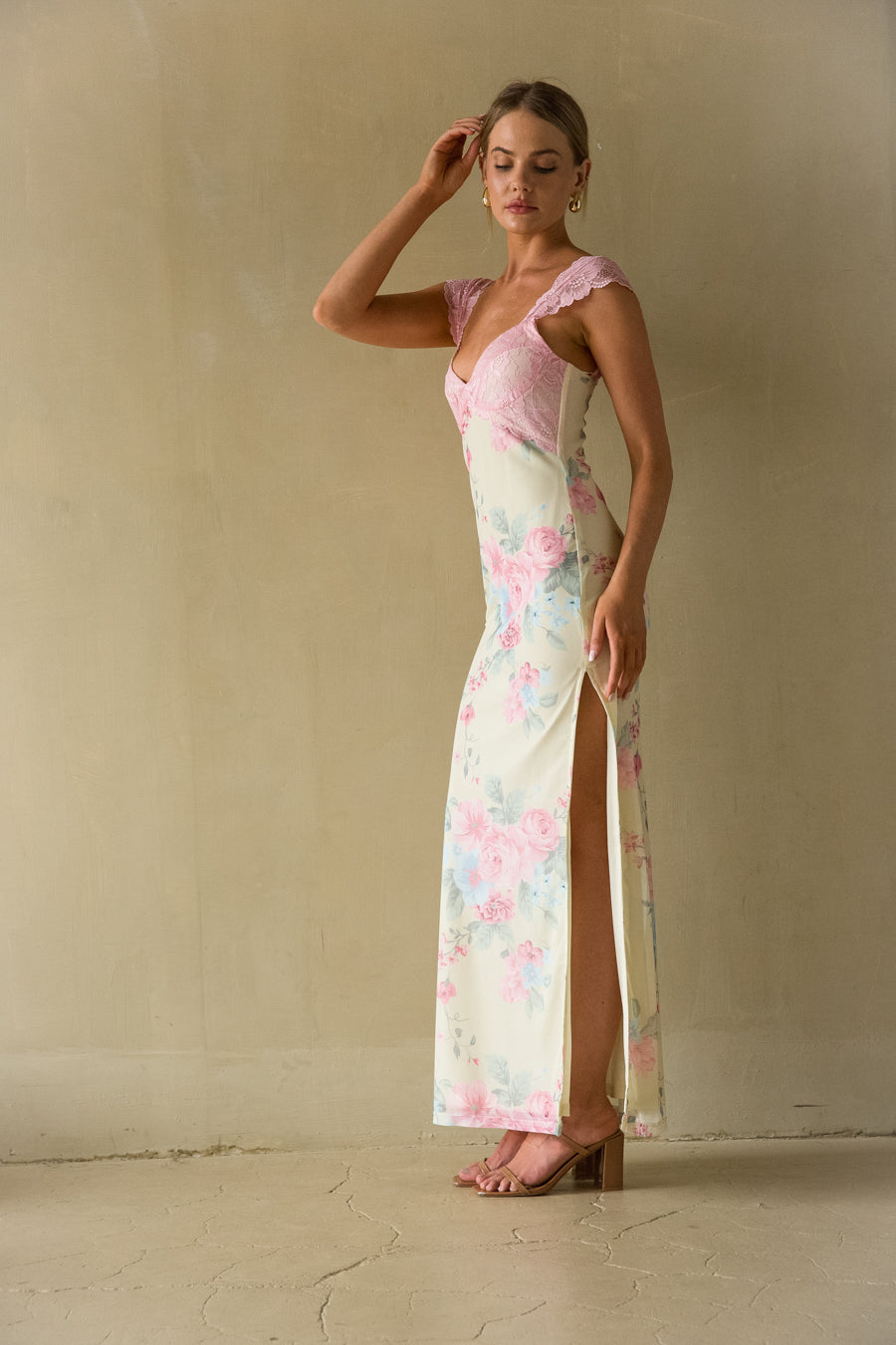 side view | Pastel Floral lace trim mesh maxi dress| wedding guest dress