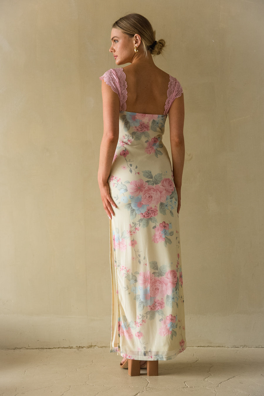 back view | Pastel Floral lace trim mesh maxi dress| wedding guest dress