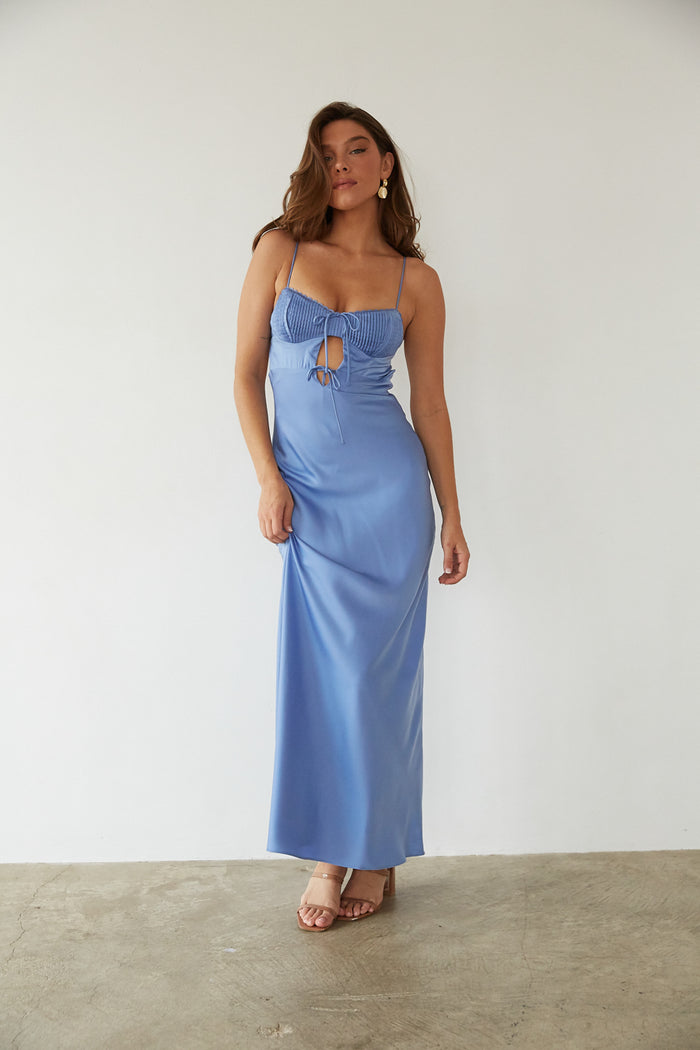 front view | blue-image | chambray blue satin maxi dress with pleated bust and keyhole cutout