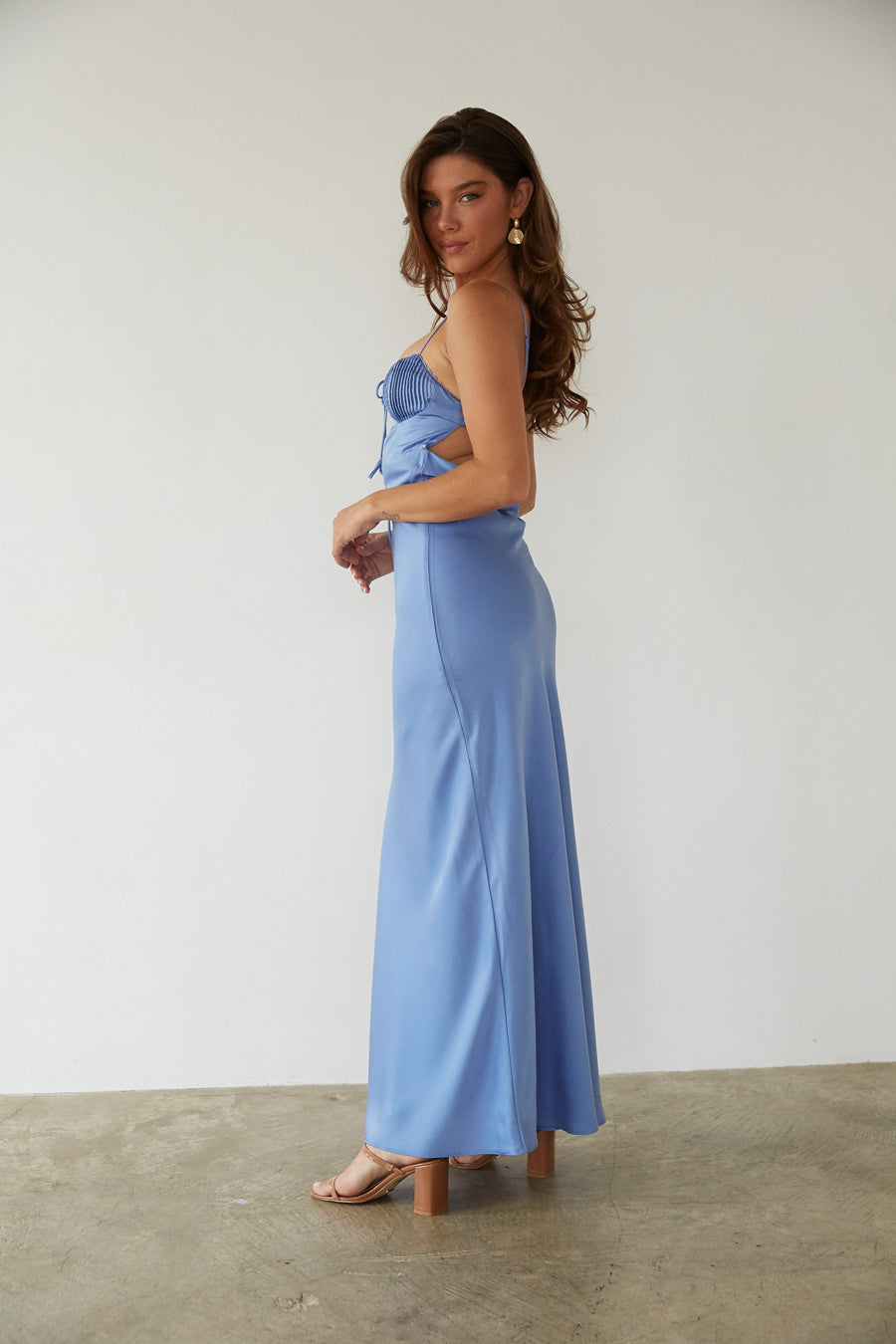 Misty Open Back Cutout Satin Maxi Dress