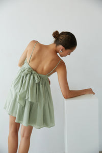 Sage Green-Image | Back View | Pleated bust spag strap open tie back babydoll mini dress | Rush Dress