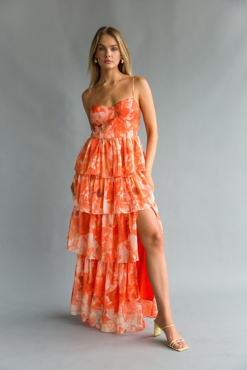 Front view | Orange Corset tiered ruffle maxi dress | Wedding guest dress