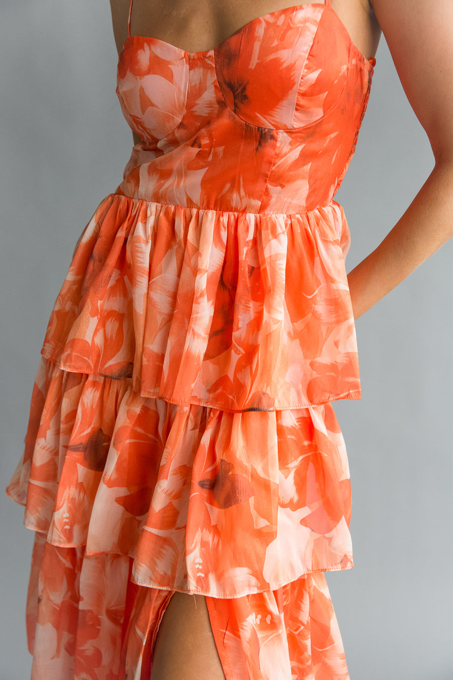 front view | Orange Corset tiered ruffle maxi dress | backyard party dress