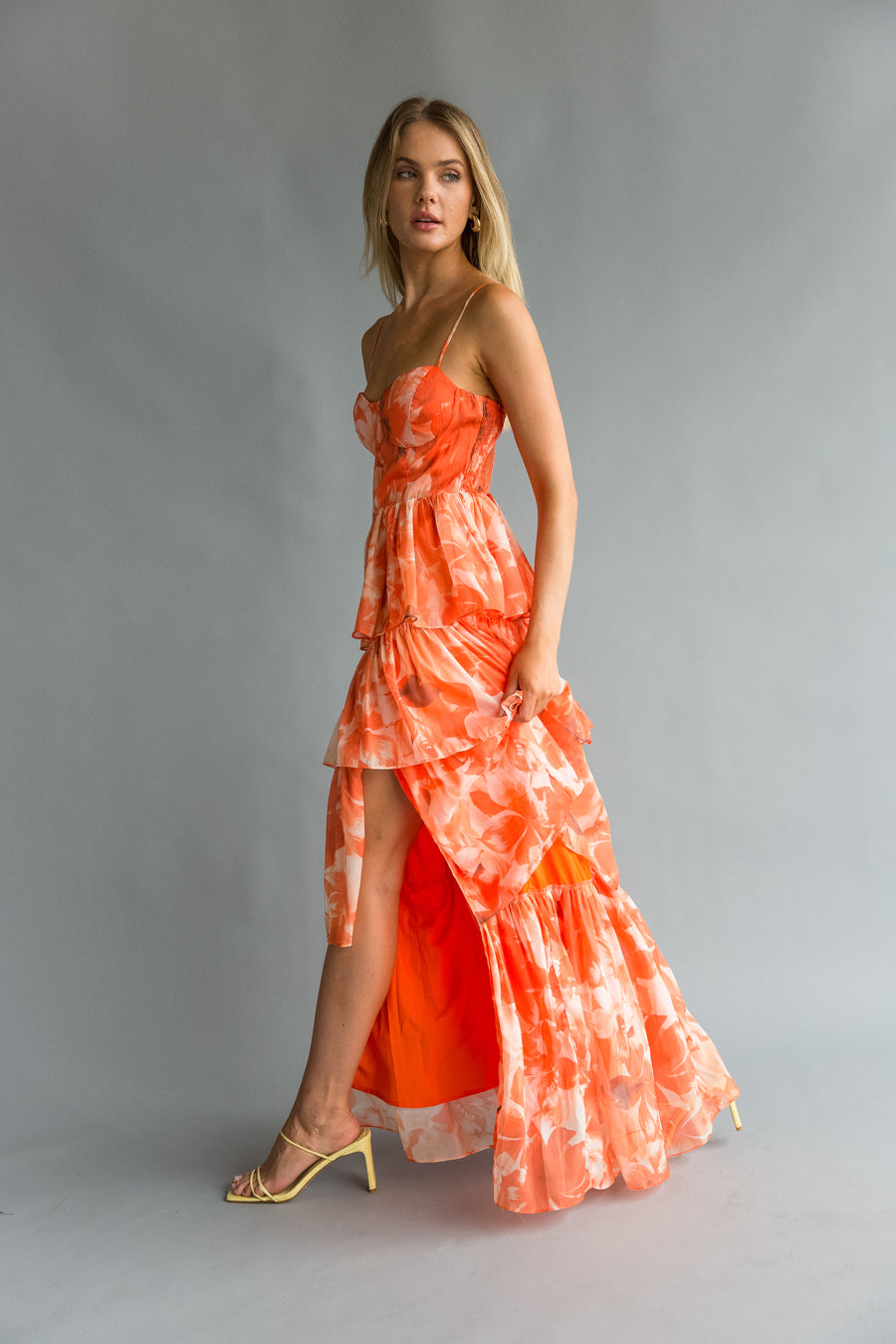 side view | Orange Corset tiered ruffle maxi dress | Wedding guest dress