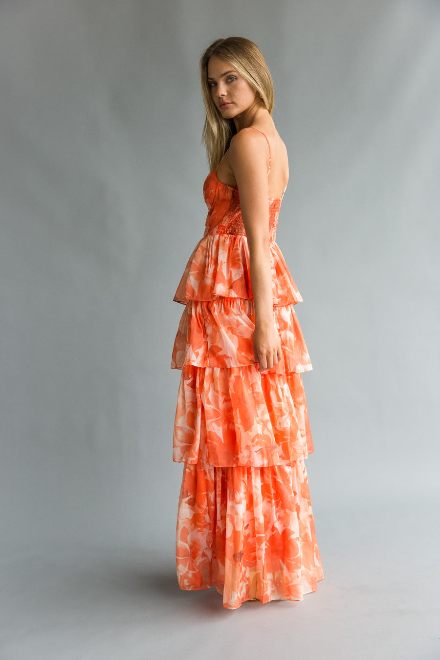 side view | Orange Corset tiered ruffle maxi dress | Wedding guest dress