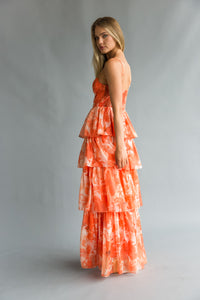 side view | Orange Corset tiered ruffle maxi dress | Wedding guest dress