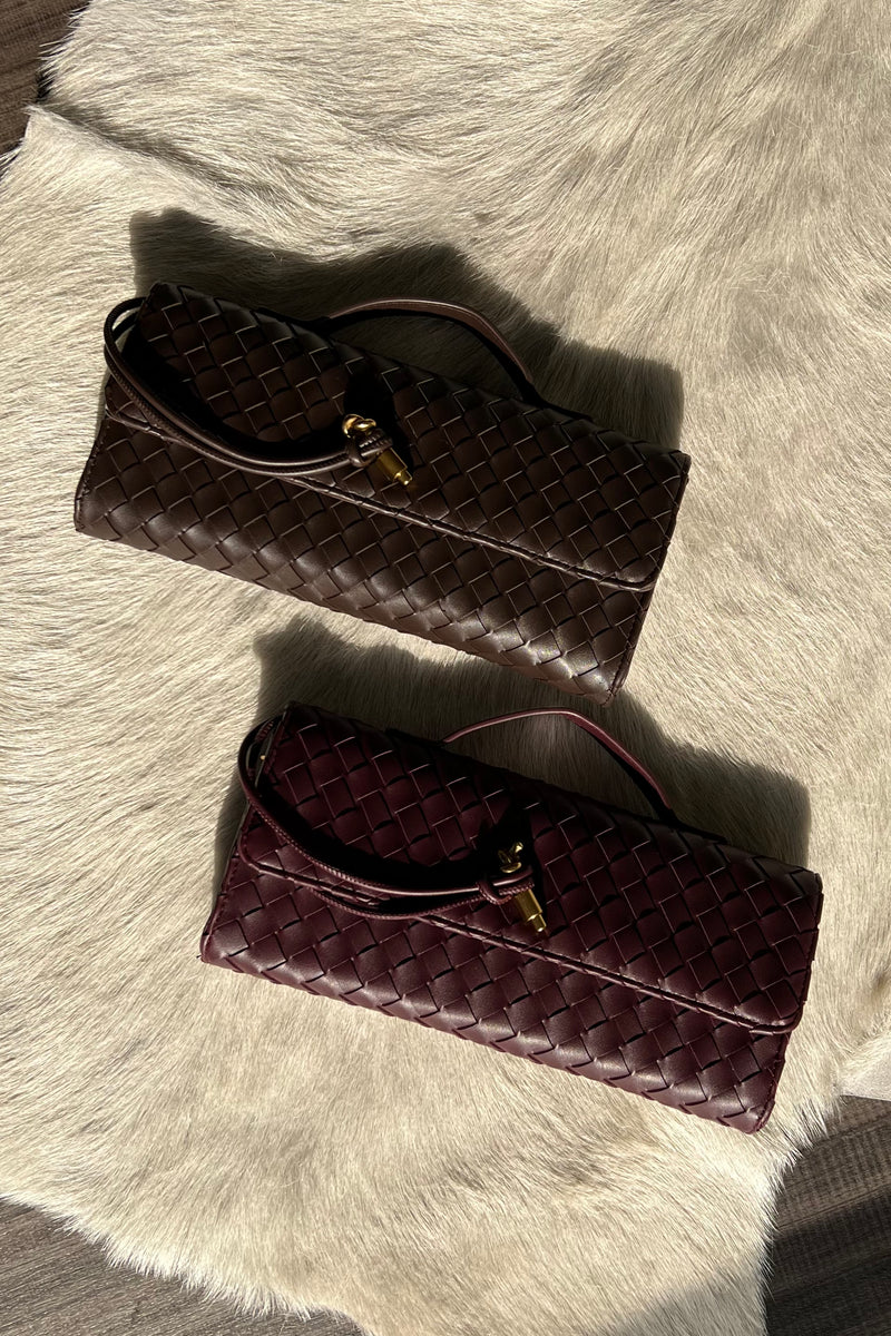 espresso and merlot woven clutch with shoulder strap | flat view