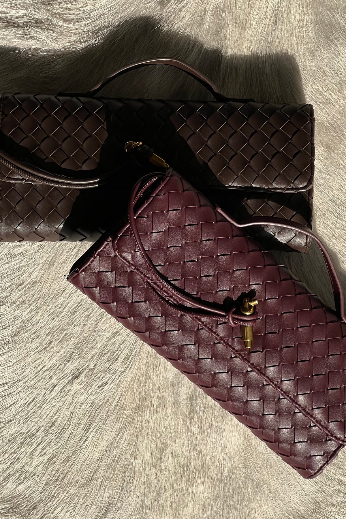 espresso and merlot woven clutch with shoulder strap for fall 2024