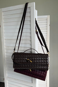 espresso and merlot woven clutch with shoulder strap | long strap hanging view