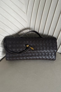 espresso woven clutch with shoulder strap | front view