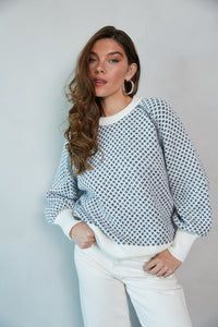 blue-image | front-view | navy and white ditsy argyle pattern ribbed oversized sweater | oversized sweater | winter 2024