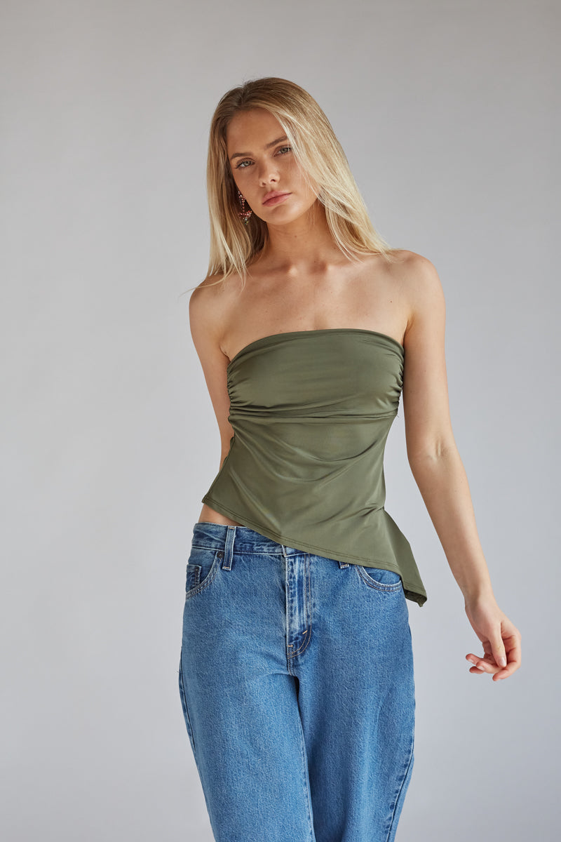 Reese Strapless Asymmetrical Hem Tube Top • American Threads Women's Trendy  Online Boutique