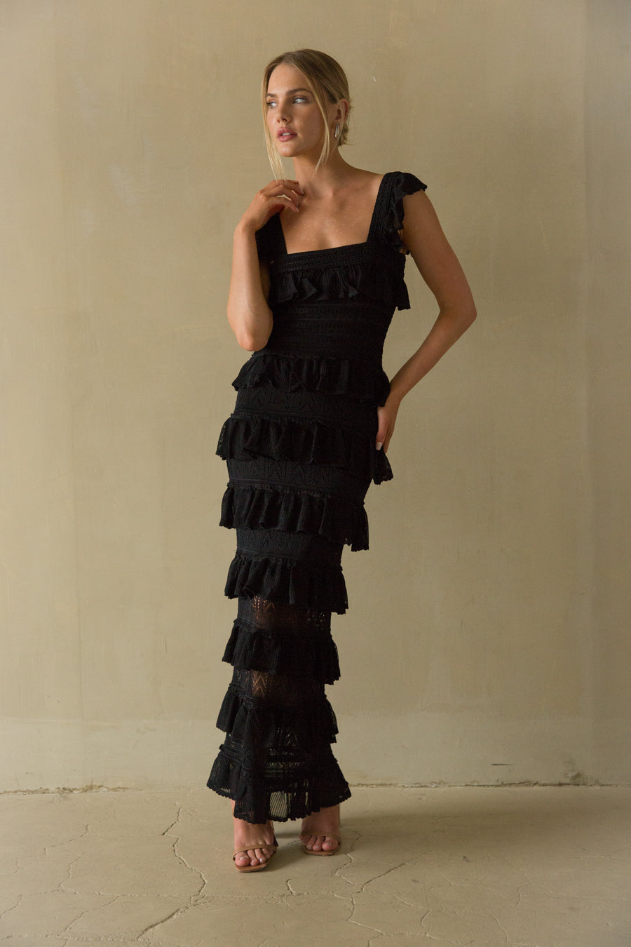 Front view | Black Tiered Ruffle Cochet Maxi dress | Day trip dress