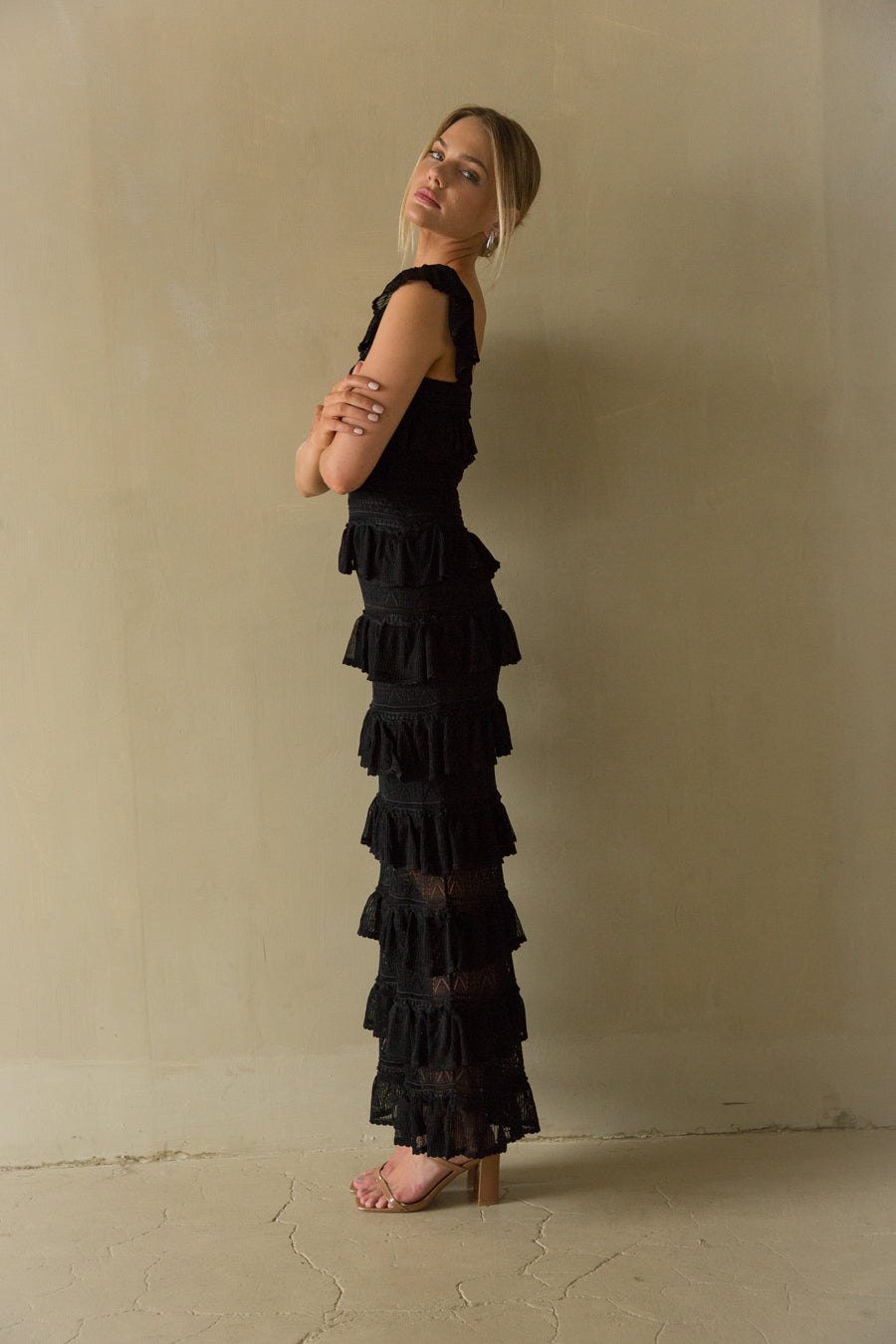 side view | Black Tiered Ruffle Cochet Maxi dress | Day trip dress