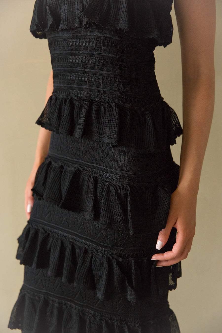 Front view | Black Tiered Ruffle Cochet Maxi dress | Summer Cruise Dress