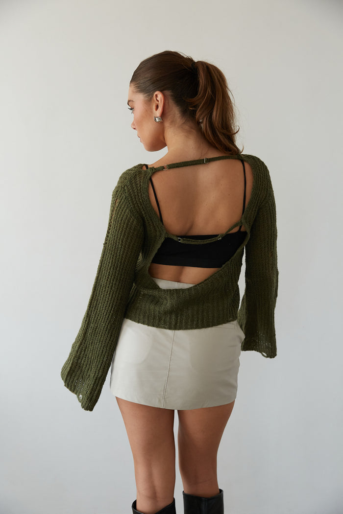 back view | olive green pointelle distressed flare sleeve open back sweater top