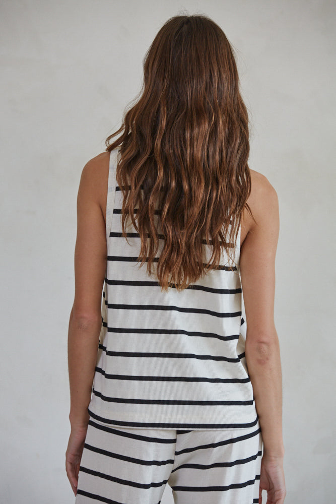Lace-trimmed Ribbed Tank Top - White/black striped - Ladies