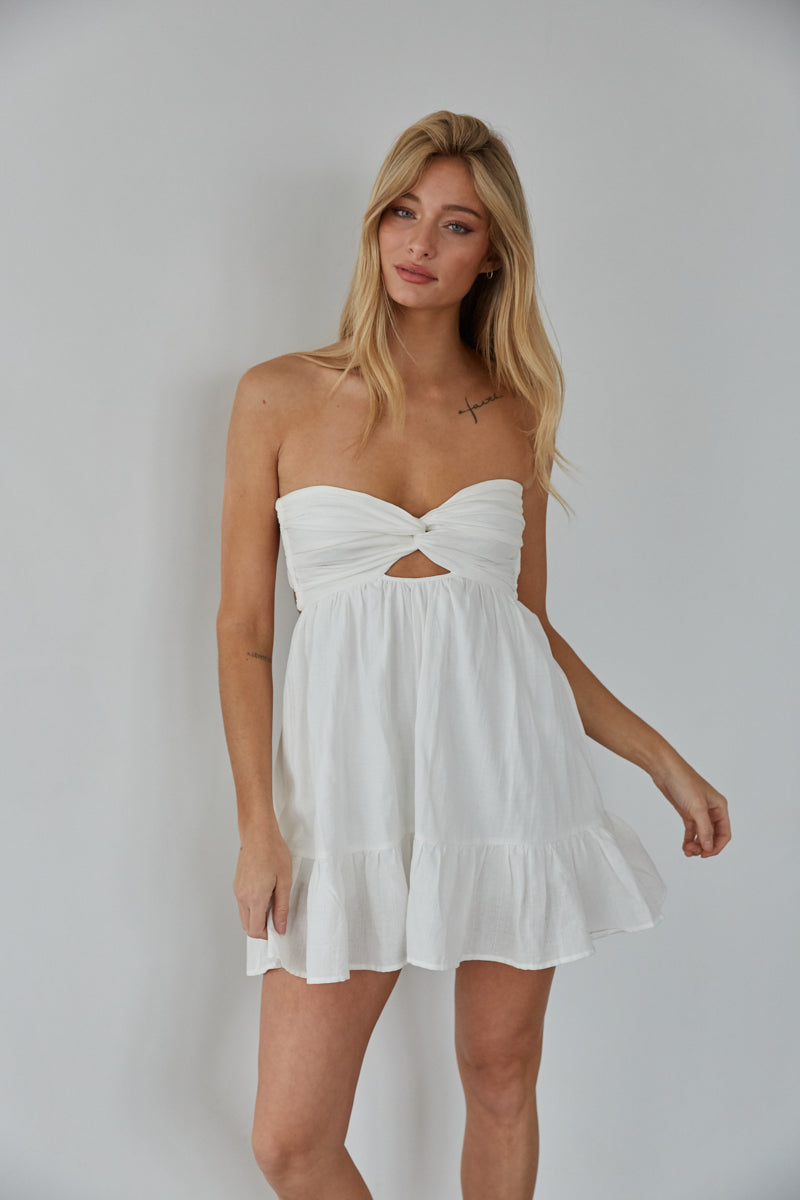 white strapless twist front romper - white keyhole dress with built in shorts - white summer outfit | white-image