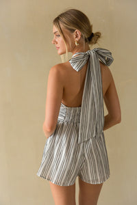 Back view | grey and white striped linen halter tie romper | Vacation outfit