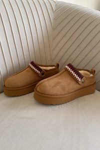 Side View | Chestnut brown suede tazlita ugg dupe | platform fur lined slippers