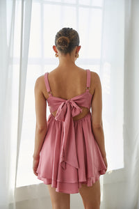 Pink-Image | Back view | Twist Front open back Baby doll mini Dress | Rush Dress