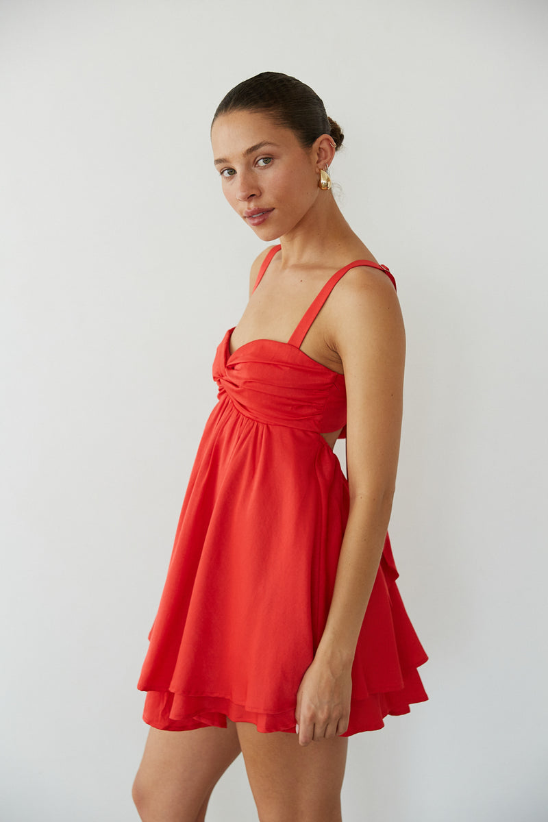 Red-Image | Side view | Twist Front open back Baby doll mini Dress | Rush Dress