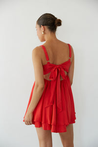 Red-Image | Back view | Twist Front open back Baby doll mini Dress | Rush Dress