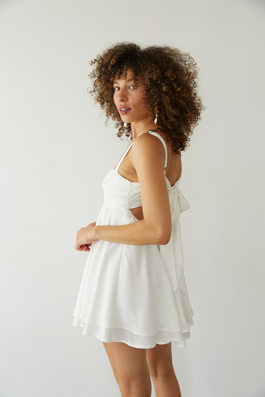 White-Image | Side view | Twist Front open back Baby doll mini Dress | Rush Dress