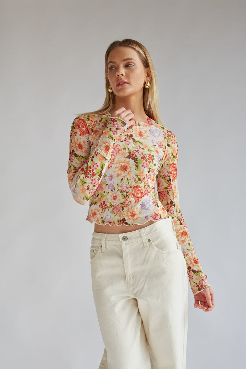 Summer Floral Mesh Long Sleeve Top – American Threads