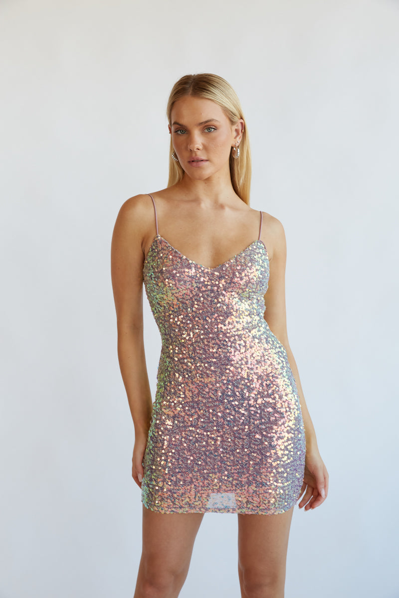 GIA Asymmetrical Sequin Mini Dress in Pink | Size Small | Polyester/Spandex | American Threads