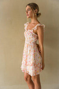 Side view | sunset floral ruffle babydoll mini dress | summer picnic dress 