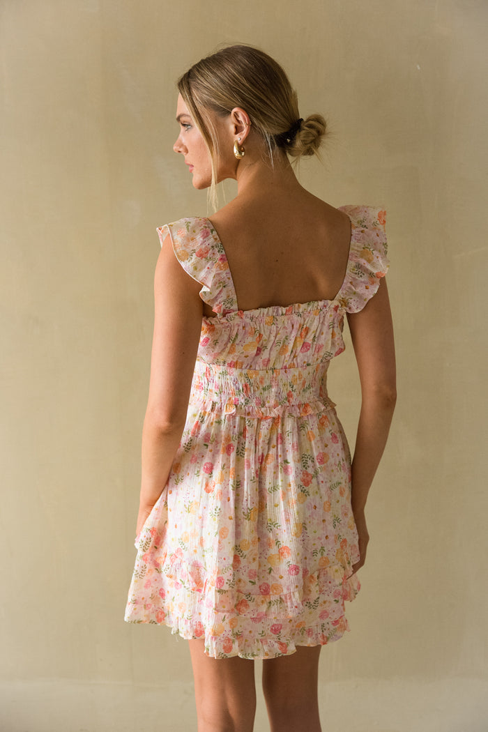 Back view | sunset floral ruffle babydoll mini dress | sundress 