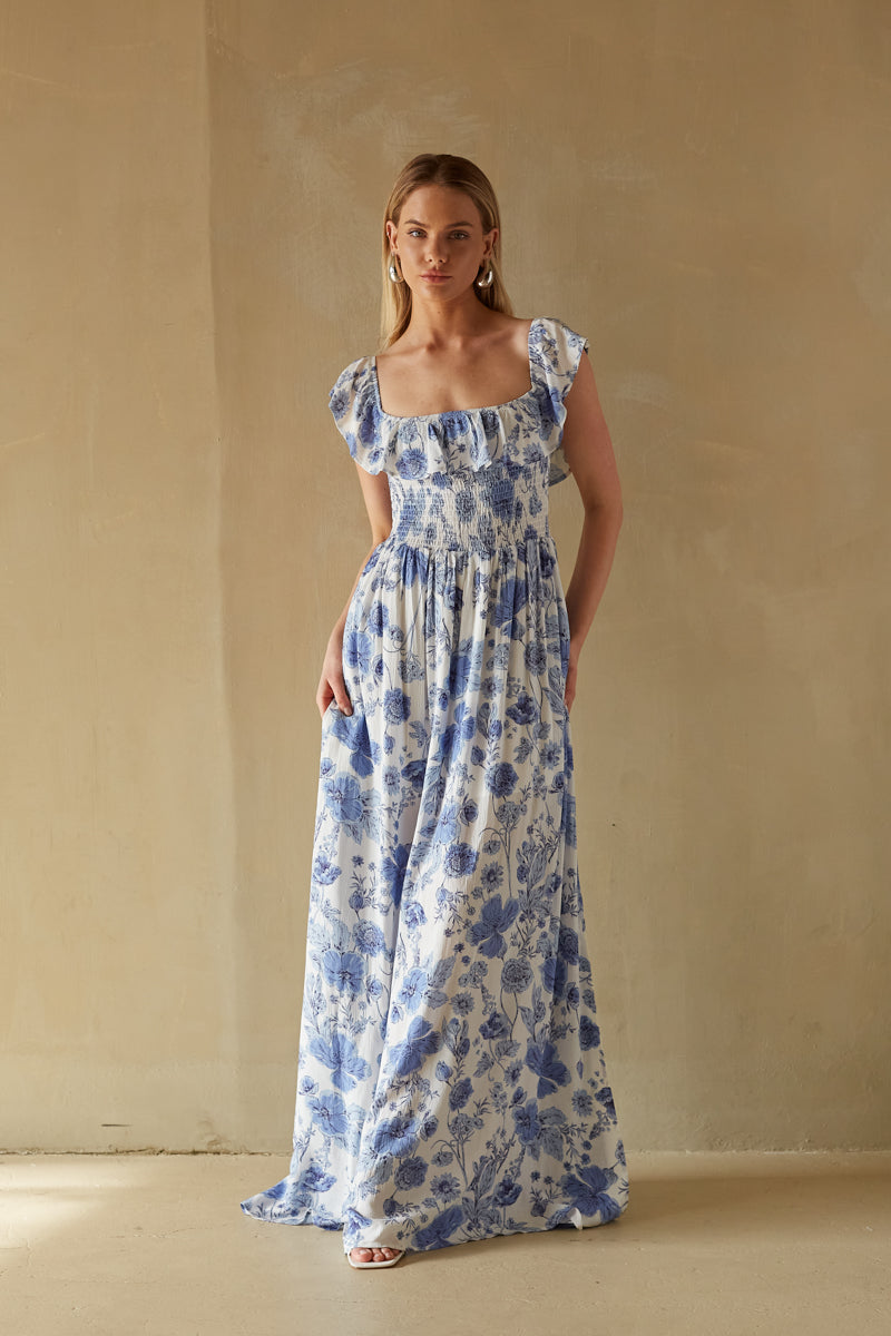 Blue And White Floral Maxi Dress With Frill Sleeves | Miss Floral | SilkFred