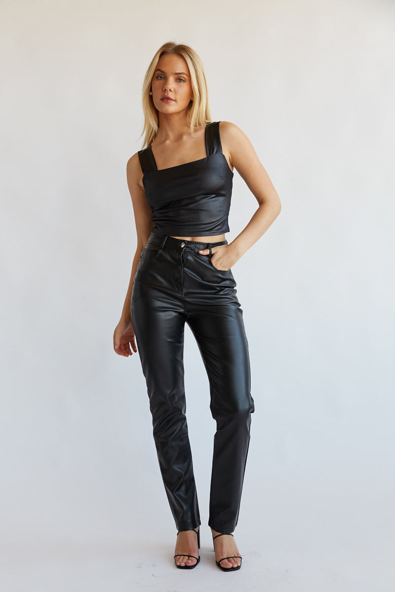 Grey Straight Leg Faux Leather Trousers | SilkFred US