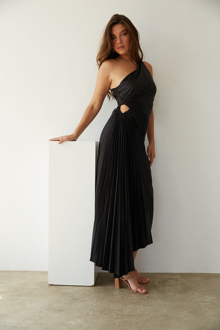 side view | black satin asymmetrical pleated one shoulder midi dress | formal fall dress