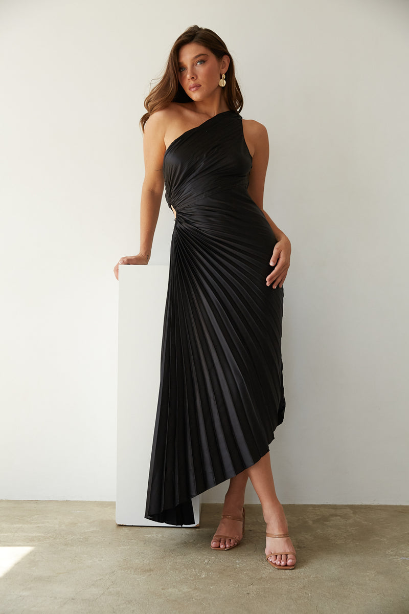 black-image | front view | black satin asymmetrical pleated one shoulder midi dress | formal fall dress