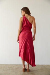 back view | red satin asymmetrical pleated one shoulder midi dress | formal fall dress