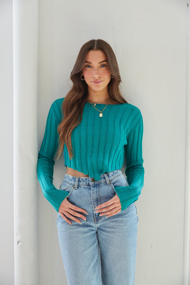 Summer knitted crop top - Turquoise with Vanilla