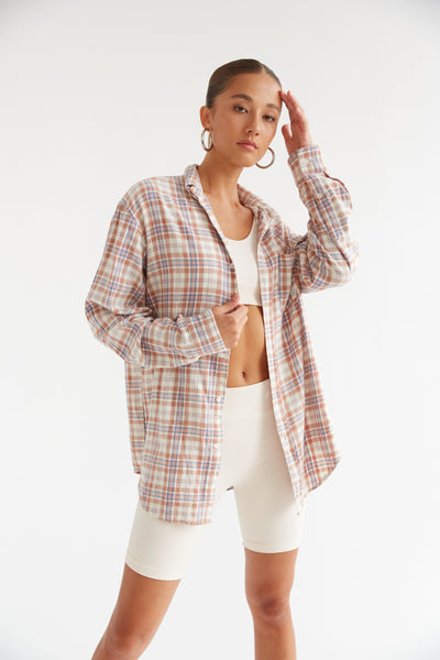 Cathedral Rock Oversized Plaid Flannel Shirt in Neutral Clay Plaid | Size Medium | 100% Cotton | American Threads