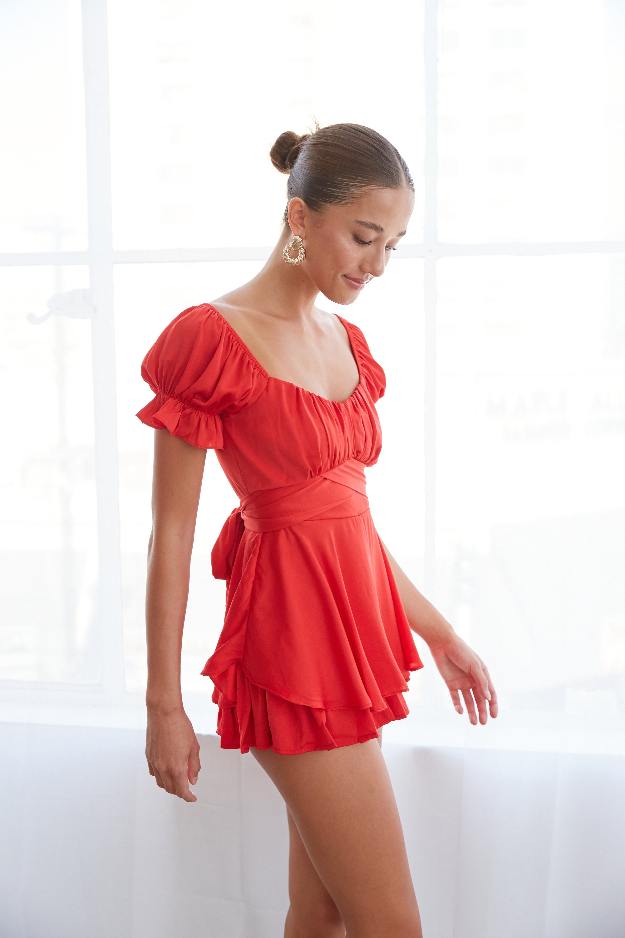 Eleanor Ruffle Wrap Romper in Red. • Shop American Threads Women's