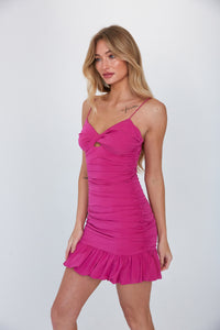 magenta pink keyhole ruched mini dress - fuchsia