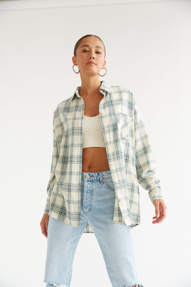 Jess Oversized Plaid Flannel Shirt in White/Green Plaid | Size Small/Large | 100% Cotton | American Threads
