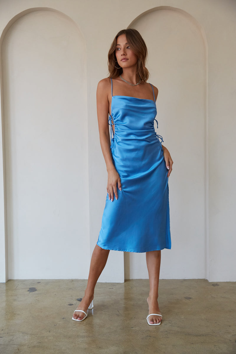 Aquamarine Satin Midi Dress • Shop American Threads Women's Trendy Online  Boutique