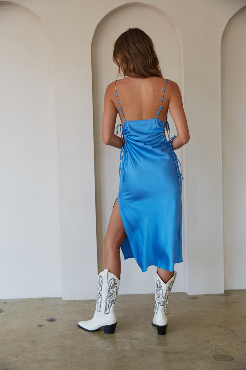 bright blue side slit midi dress - wedding guest outfit inspo - homecoming dresses